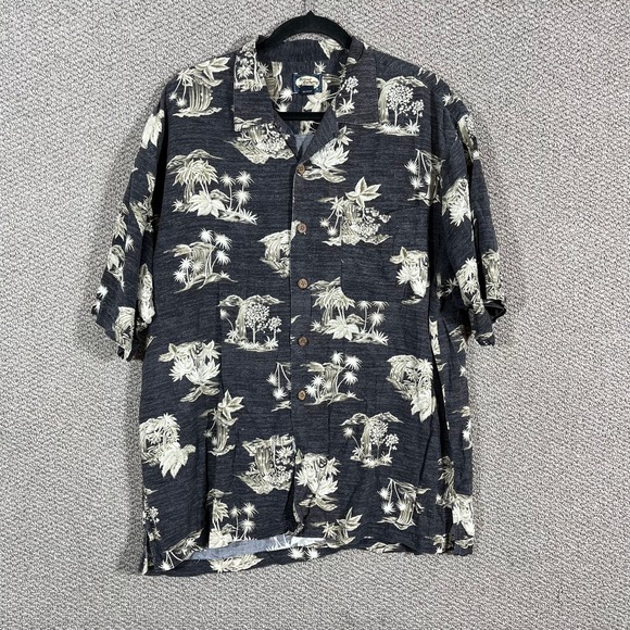 Tommy Bahama Hawaiian Shirt Mens‎ Large Gray Tropical Button Up Pockets Beach - Picture 1 of 12